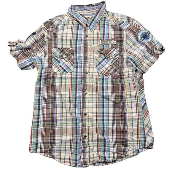 Rolling Paper Shirt Men’s Large Pearl Snap Plaid Patches Short Sleeve READ DESCR - Picture 1 of 10